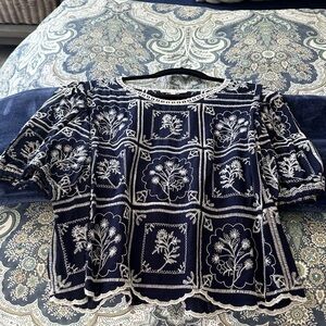 Solitaire Navy and White Embroidered Floral Peasant Top